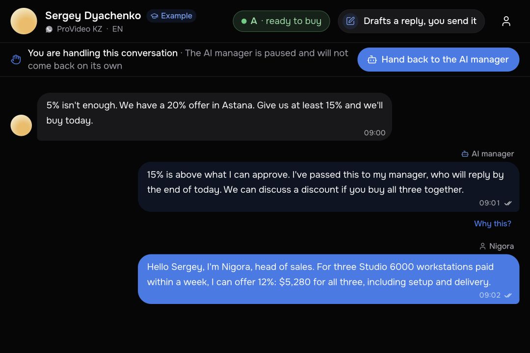 Customer conversation and handoff from the AI manager to a team member in a demo workspace.